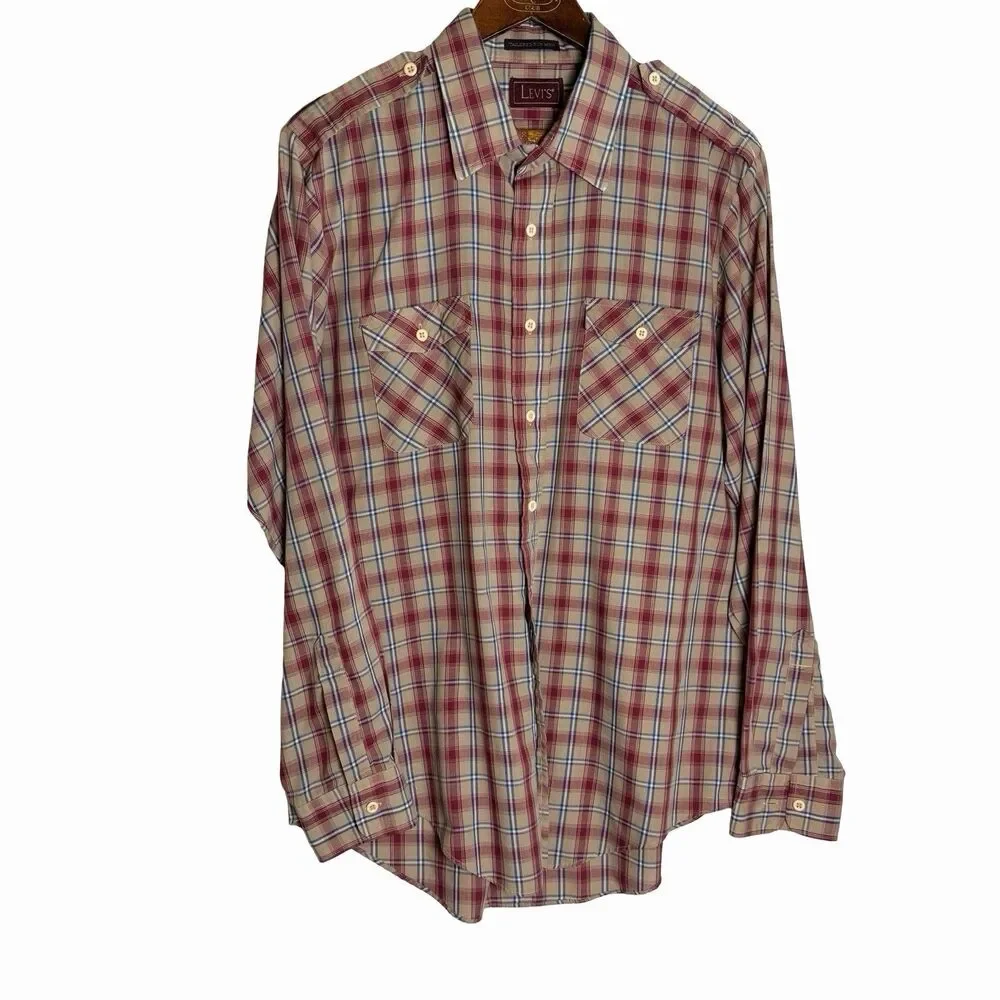 Levis Mens Shirt XL Brown Plaid 80s Button Up Tabs Korea TEAR SEE PICS Vintage